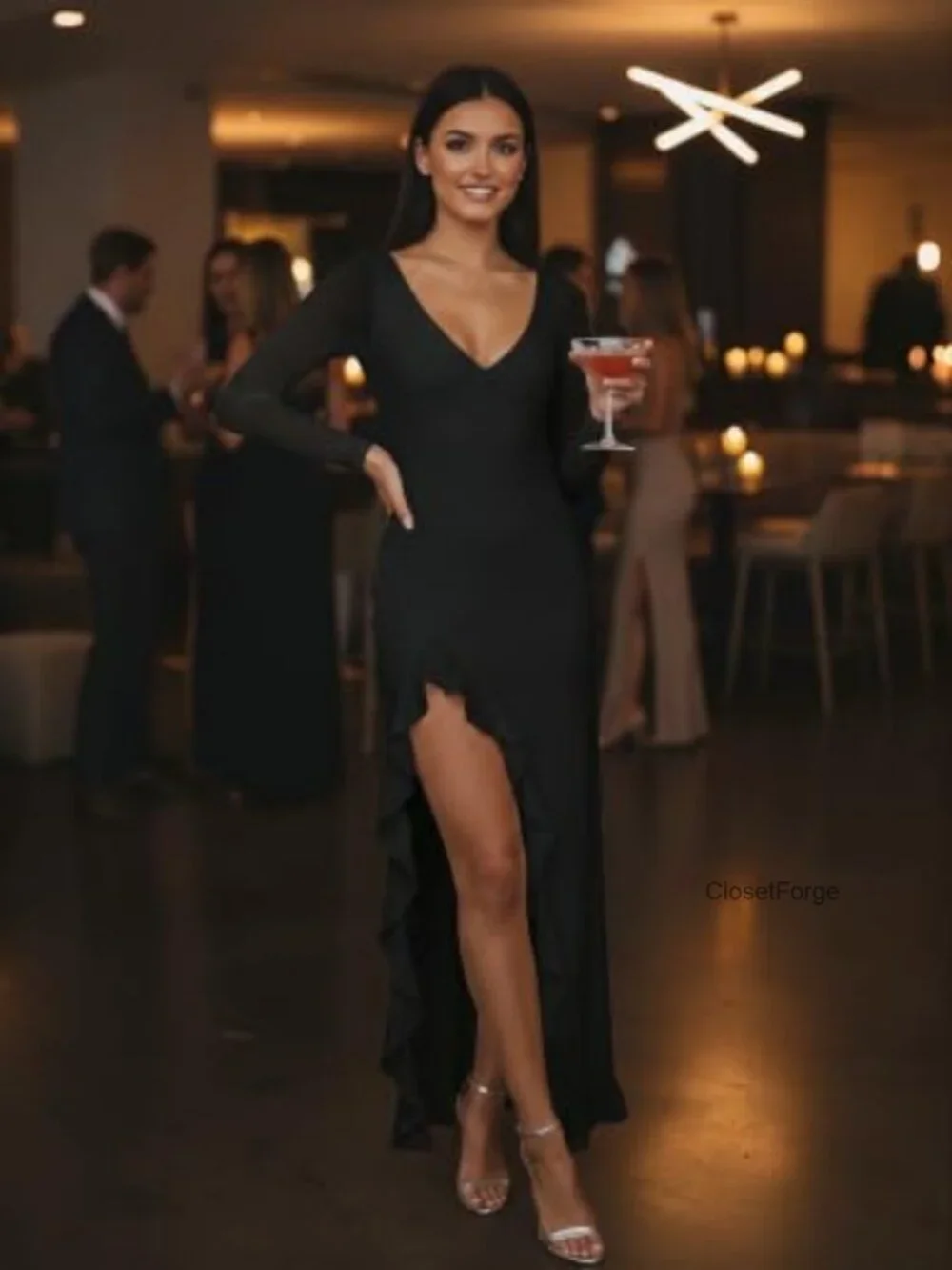 Slim Fit Bodycon Maxi Dress Long Sleeve V-Neck High Slit
